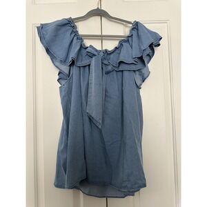SHEIN Curve Top Shirt Womens 4XL Blue Chambray Off Shoulder Ruffle Tie Plus Boho
